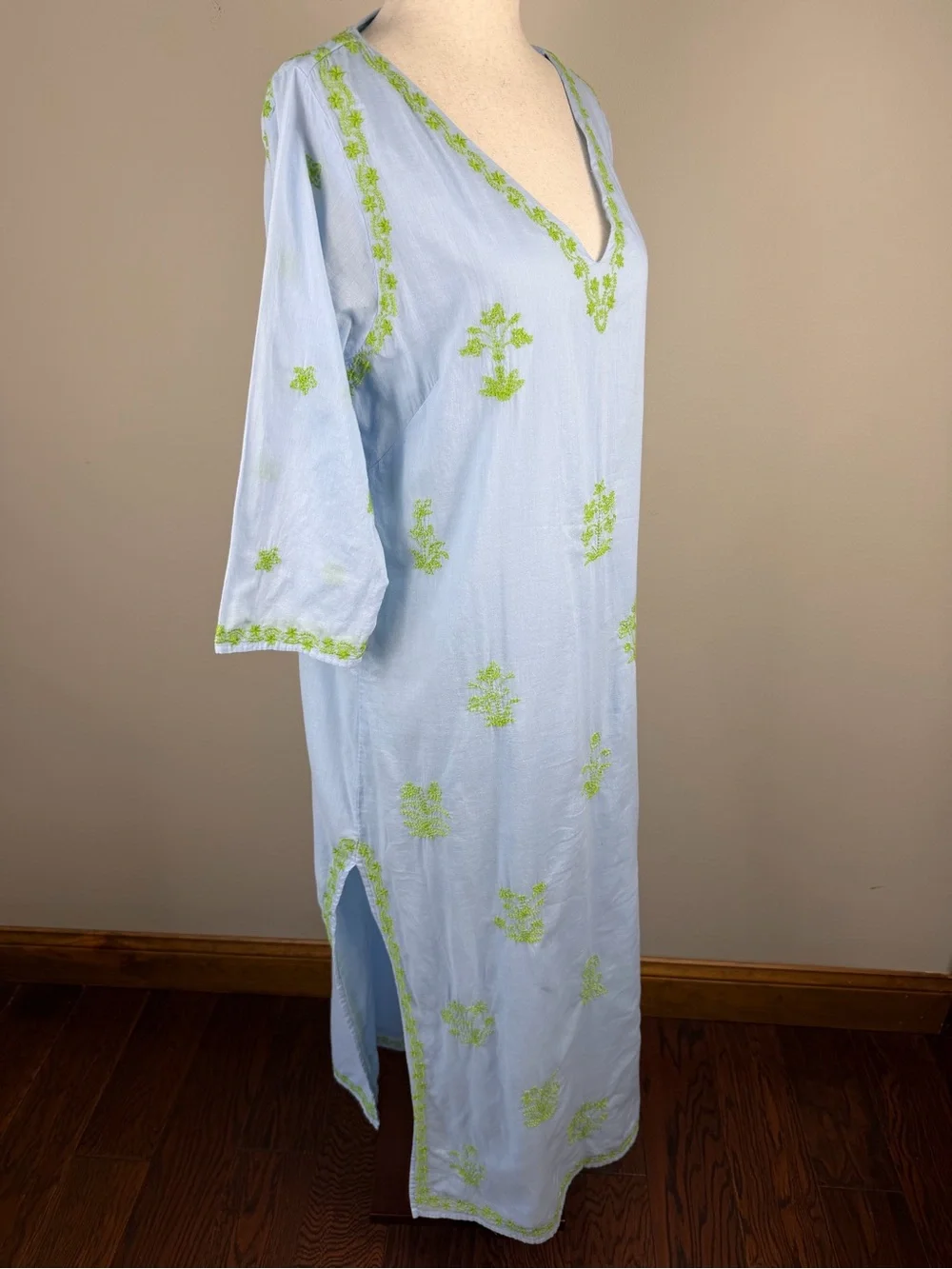 Gretchen Scott Blue Embroidered Kaftan Dress Size Small Resort Cover Up Tunic - Picture 8 of 16